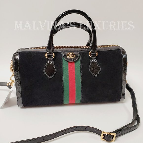 GUCCI BAG 524532 OPHIDIA BOSTON BLACK SUEDE WEB STRIPE GG LOGO CHARM - Picture 4 of 16